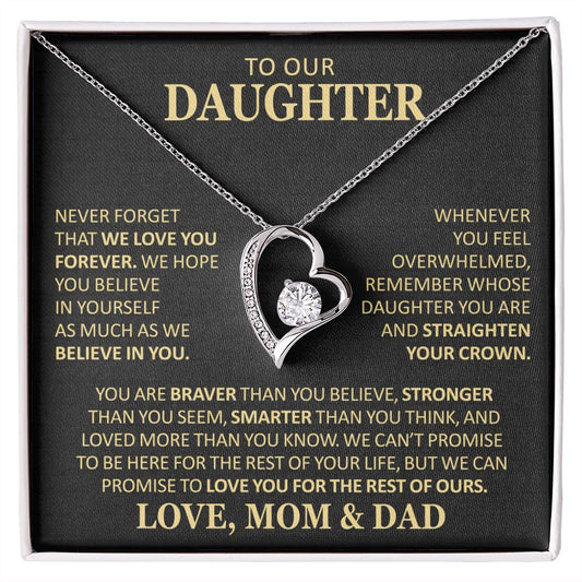 Beautiful Gift for Daughter From Mom and Dad "Never Forget That We Love You" Heart Necklace Jewelry 14k White Gold Finish Two-Toned Gift Box 
