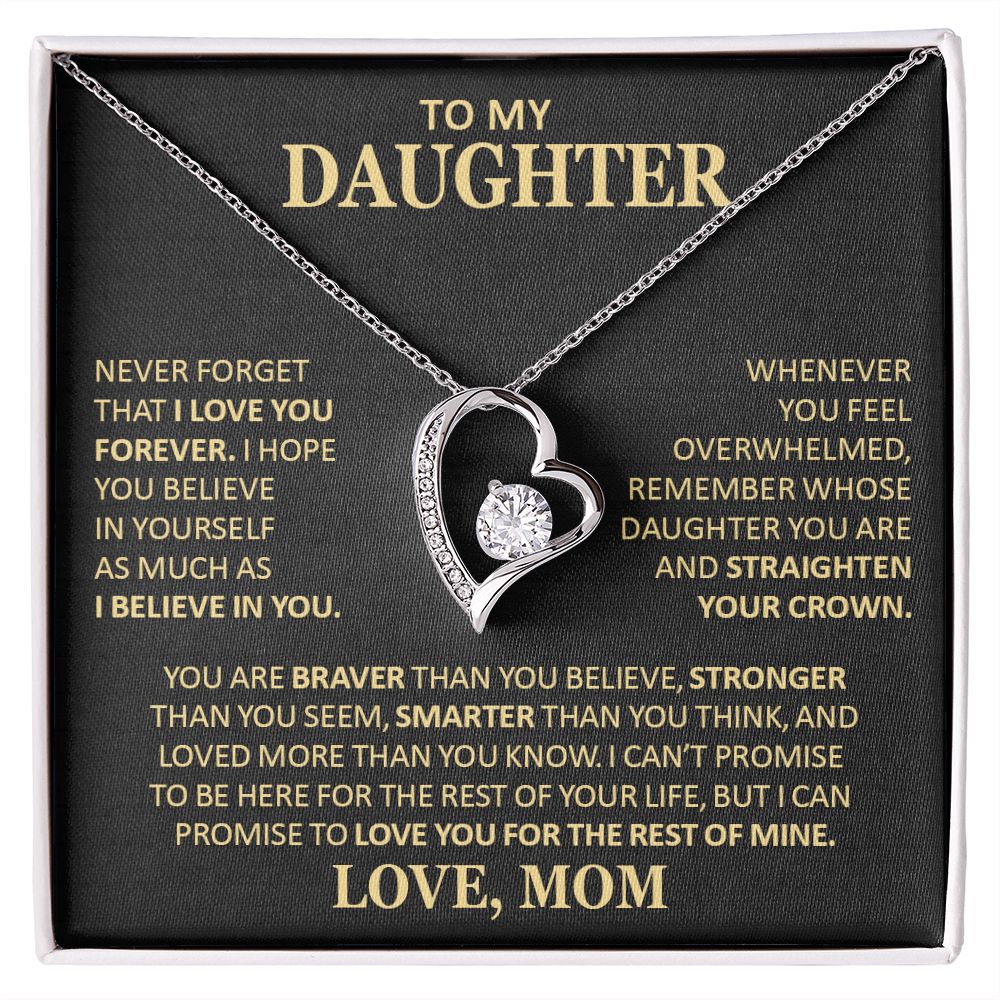 Unique Gift for Daughter From Mom "Never Forget That I Love You" Heart Necklace Jewelry 14k White Gold Finish Two-Toned Gift Box 