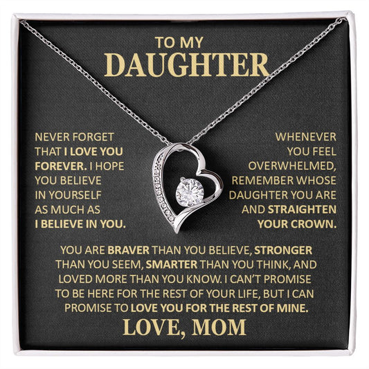 Unique Gift for Daughter From Mom "Never Forget That I Love You" Heart Necklace Jewelry 14k White Gold Finish Two-Toned Gift Box 