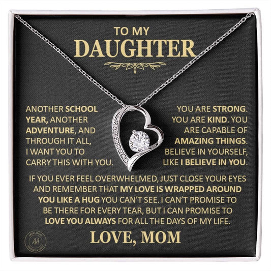 Beautiful Gift for Daughter From Mom "Another School Year, Another Adventure" Heart Necklace Jewelry 14k White Gold Finish Two-Toned Gift Box 