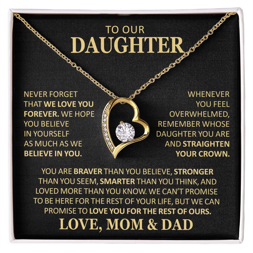 Beautiful Gift for Daughter From Mom and Dad "Never Forget That We Love You" Heart Necklace Jewelry 18k Yellow Gold Finish Two-Toned Gift Box 