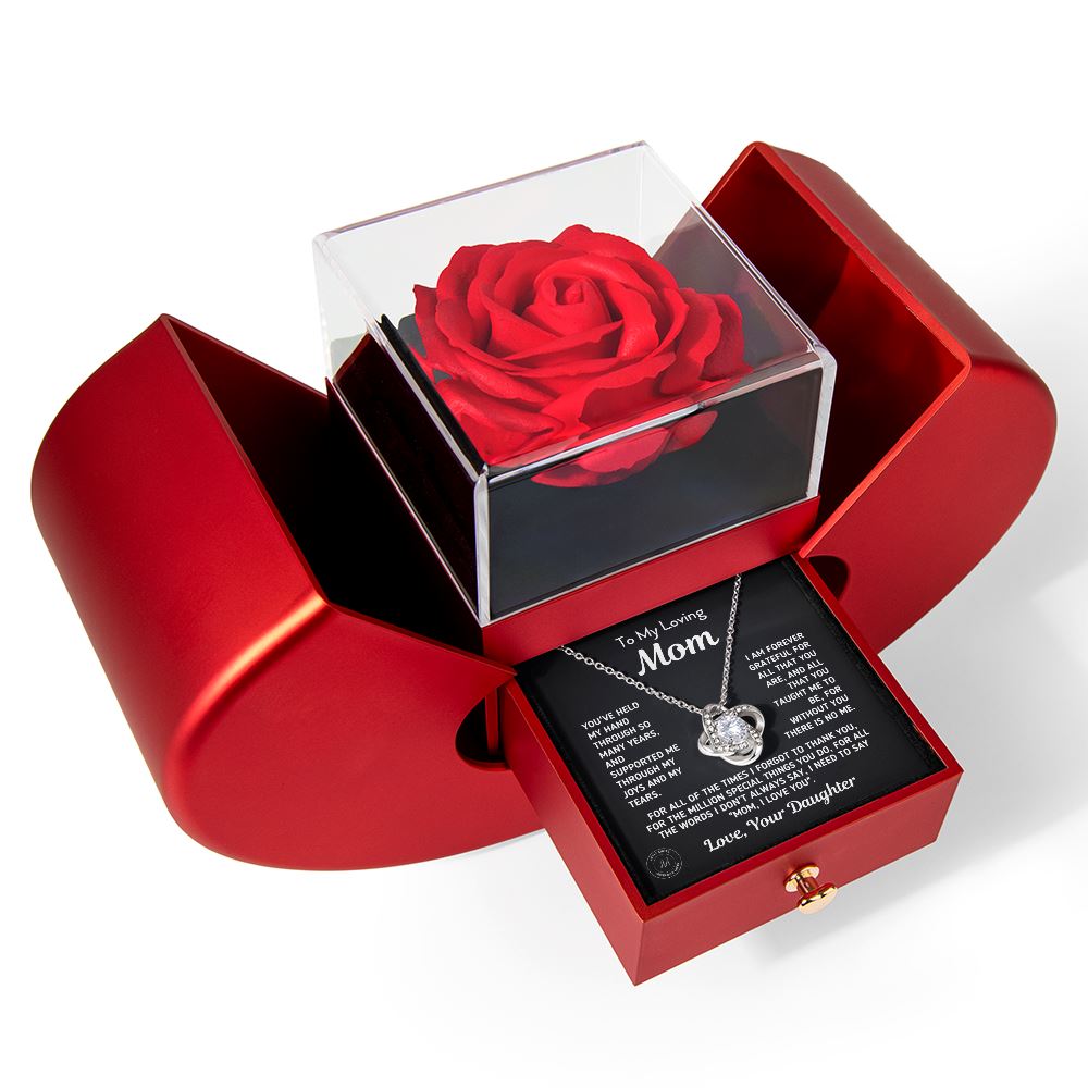 Gift for Mom From Daughter - "Without You There Is No Me" Necklace With Heart Box and Red Rose Surprise Jewelry 14k White Gold Finish 