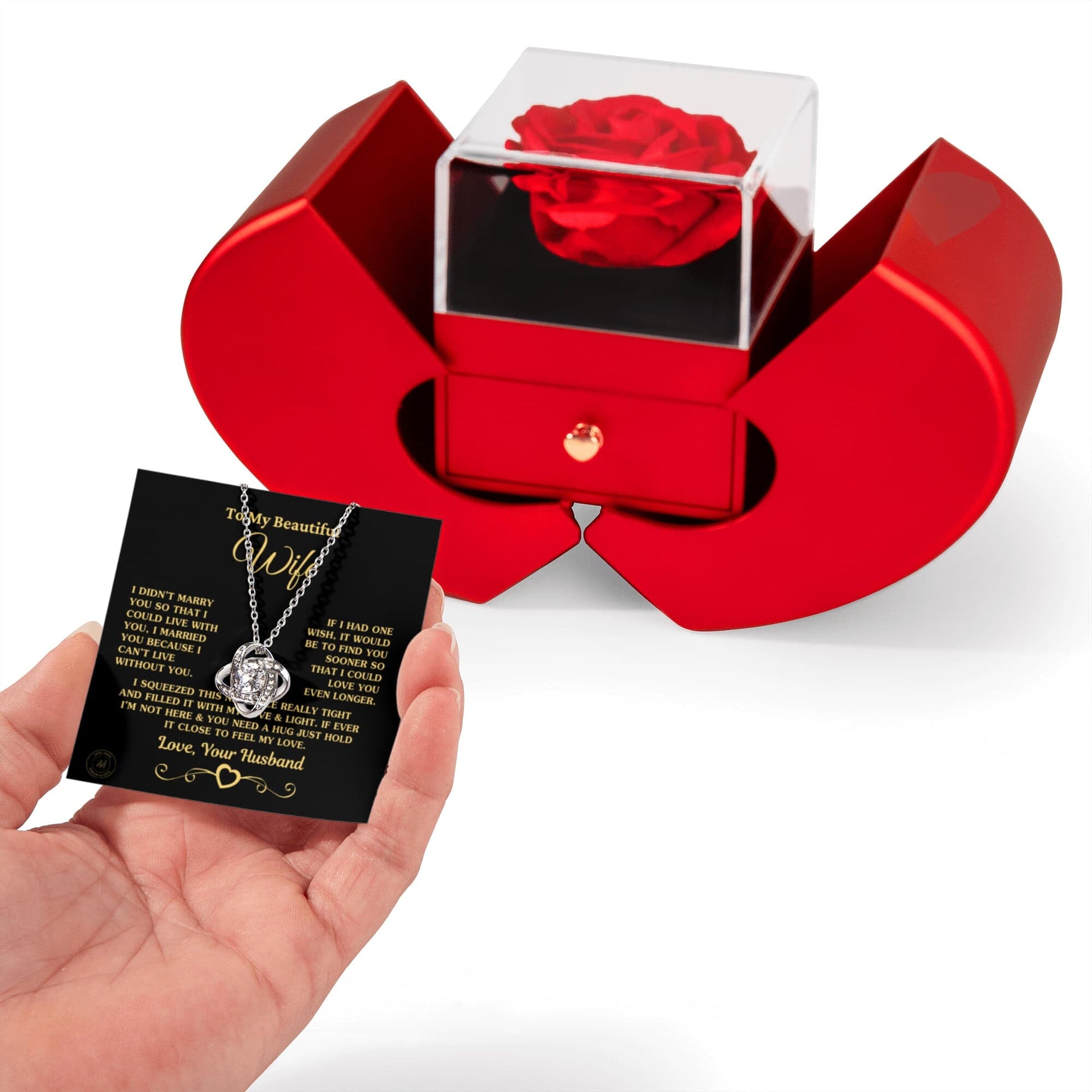 Gift for Wife "If I Had One Wish" Necklace With Heart Box and Red Rose Surprise Jewelry 