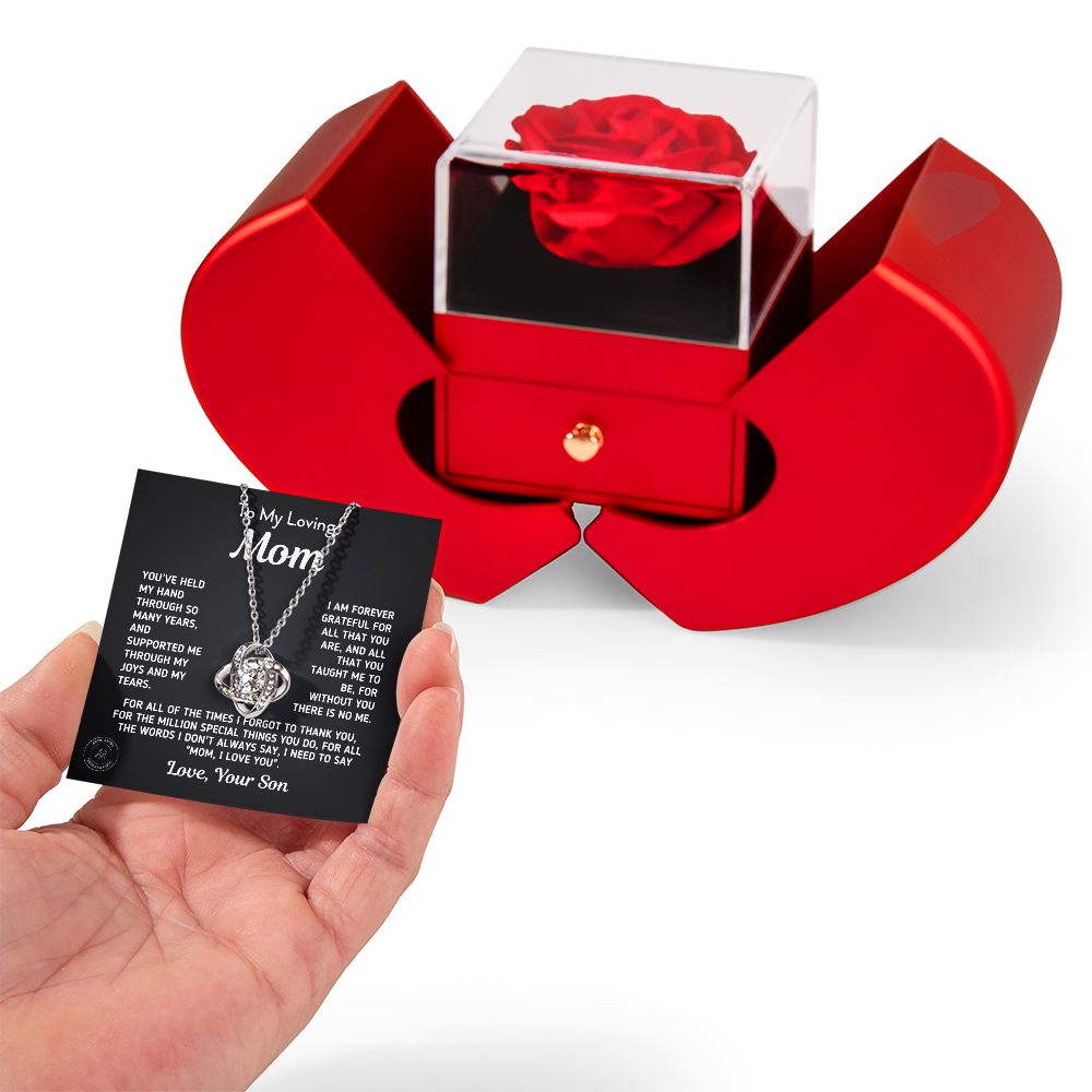 Gift for Mom From Son - "Without You There Is No Me" Necklace With Heart Box and Red Rose Surprise Jewelry 