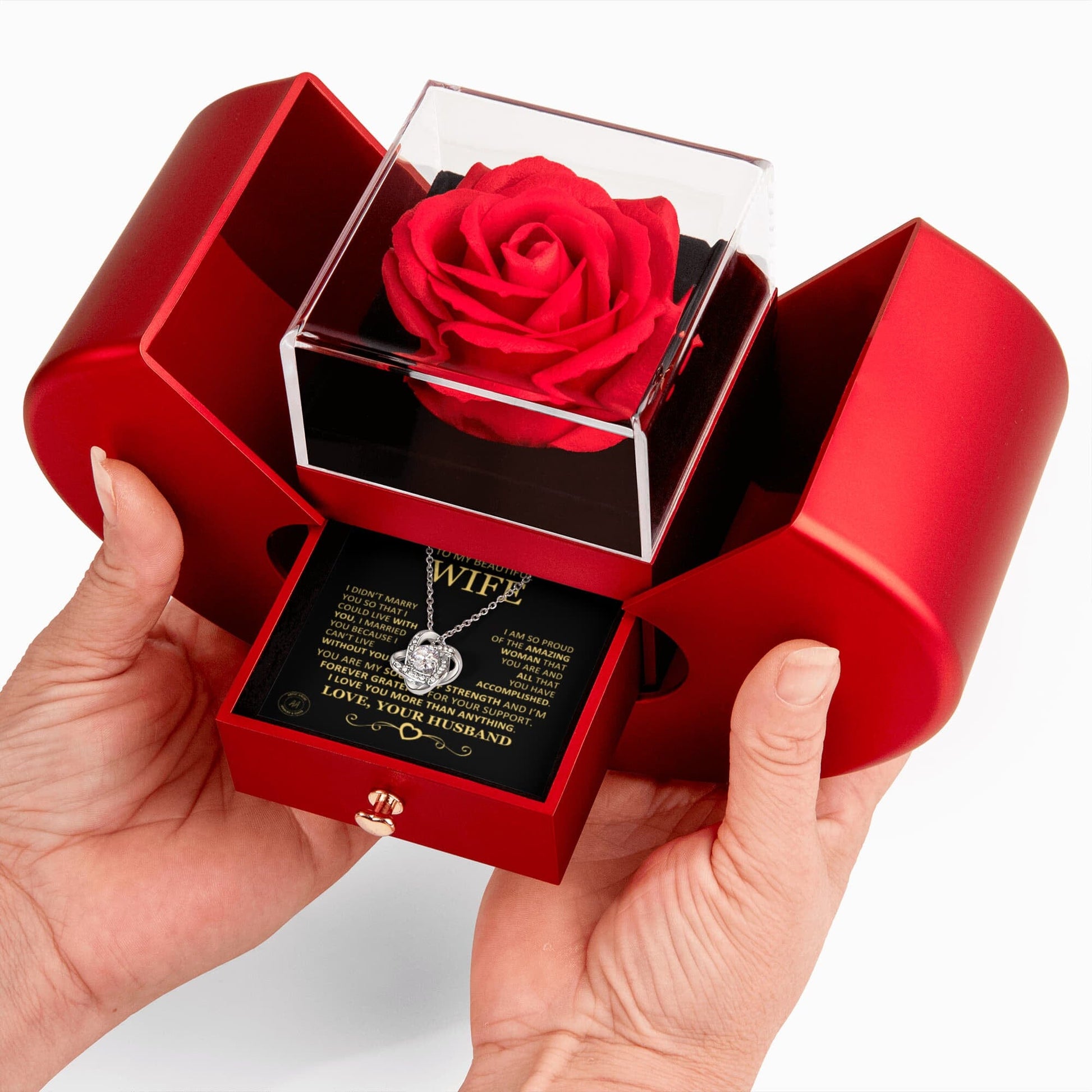 Unique Gift For Wife "I'm So Proud Of The Amazing Woman You Are" Necklace With Heart Box and Red Rose Surprise Jewelry 