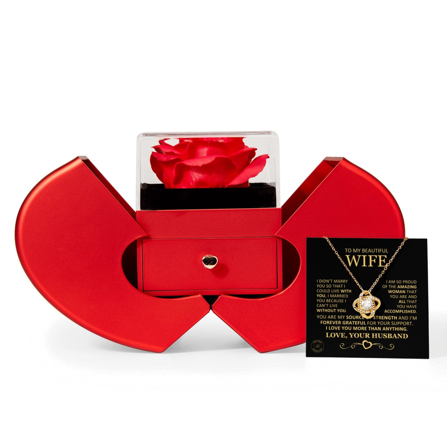 Unique Gift For Wife "I'm So Proud Of The Amazing Woman You Are" Necklace With Heart Box and Red Rose Surprise Jewelry 18k Yellow Gold Finish 