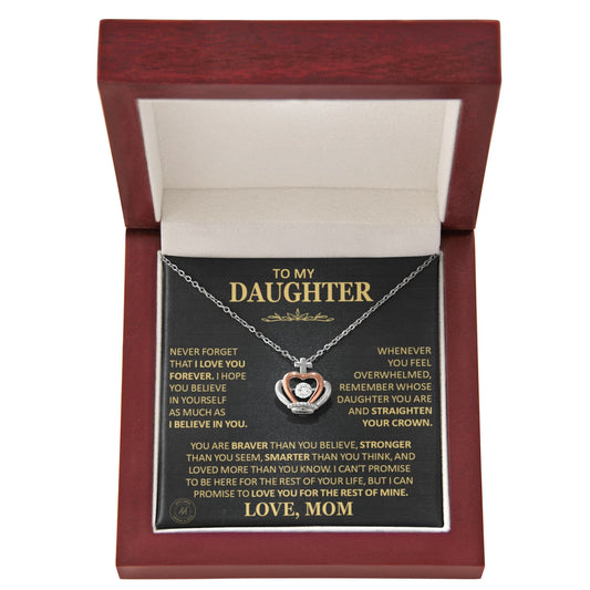 Beautiful Gift for Daughter From Mom "Never Forget That I Love You" Crown Necklace Jewelry Mahogany Style Luxury Box (w/LED) 