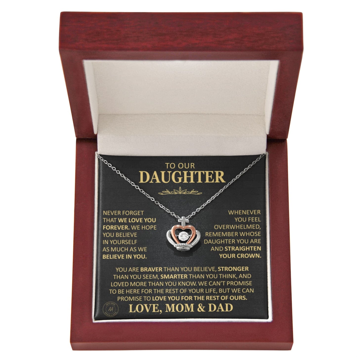 Beautiful Gift for Daughter From Mom and Dad "Never Forget That We Love You" Crown Necklace Jewelry Mahogany Style Luxury Box (w/LED) 