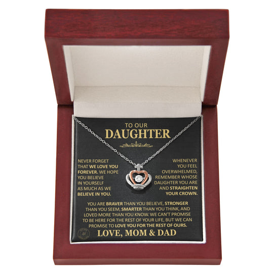 Beautiful Gift for Daughter From Mom and Dad "Never Forget That We Love You" Crown Necklace Jewelry Mahogany Style Luxury Box (w/LED) 