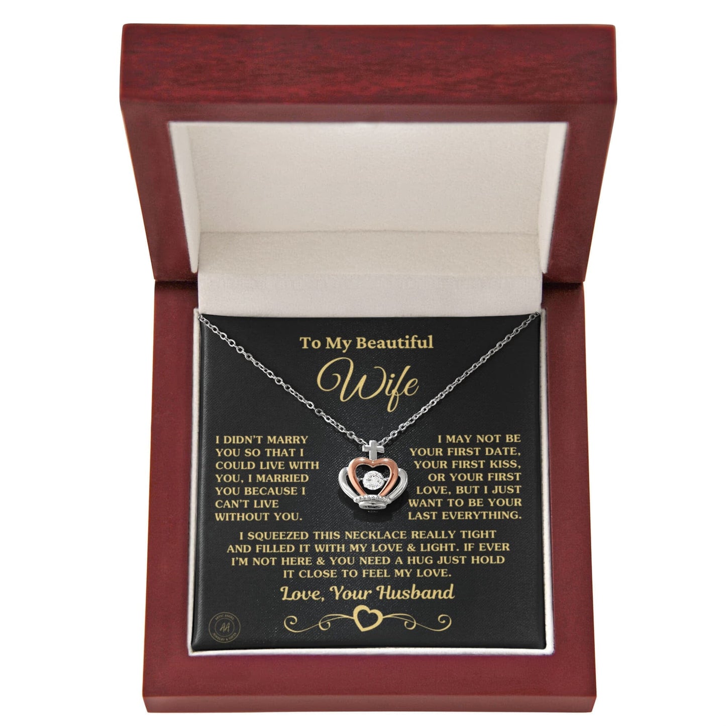 Gift for Wife "I Can't Live Without You" Crown Necklace Jewelry Mahogany Style Luxury Box (w/LED) 