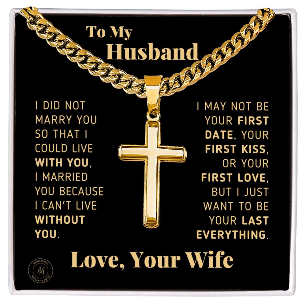 Gift for Husband "Last Everything" Artisan Cross Necklace Jewelry Two-Toned Gift Box 18K Yellow Gold Finish 