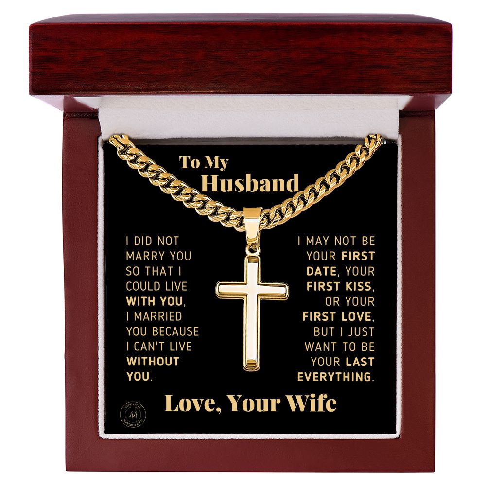 Gift for Husband "Last Everything" Artisan Cross Necklace Jewelry Mahogany Style Luxury Box (w/LED) 18K Yellow Gold Finish 