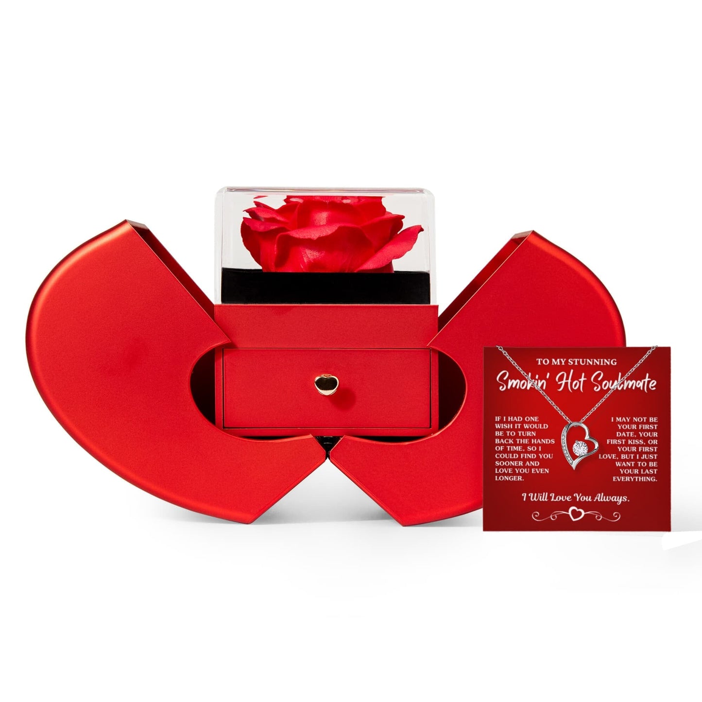 Gift For Soulmate "Your Last Everything" Necklace With Heart Box and Red Rose Surprise Jewelry 