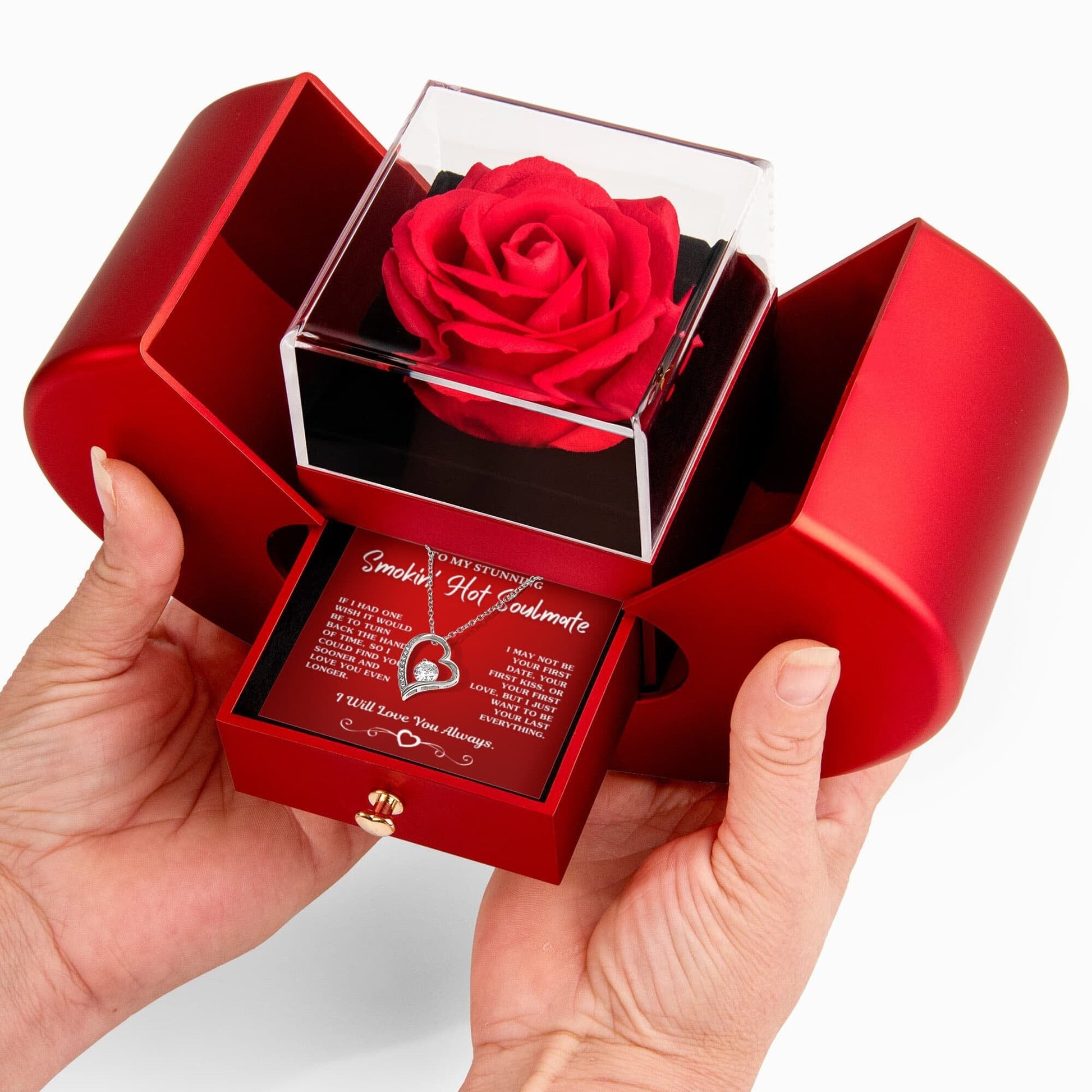 Gift For Soulmate "Your Last Everything" Necklace With Heart Box and Red Rose Surprise Jewelry 