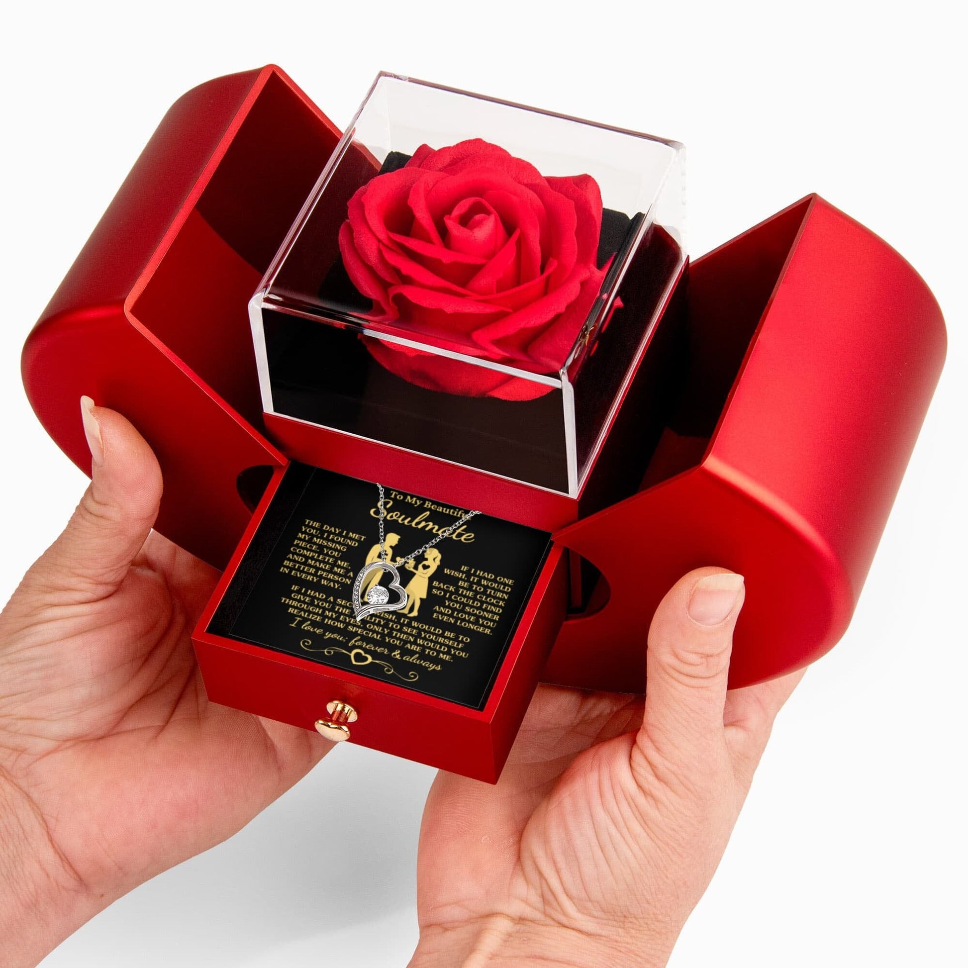 Gift for Soulmate "You Complete Me" Heart Necklace With Heart Box and Red Rose Surprise Jewelry 
