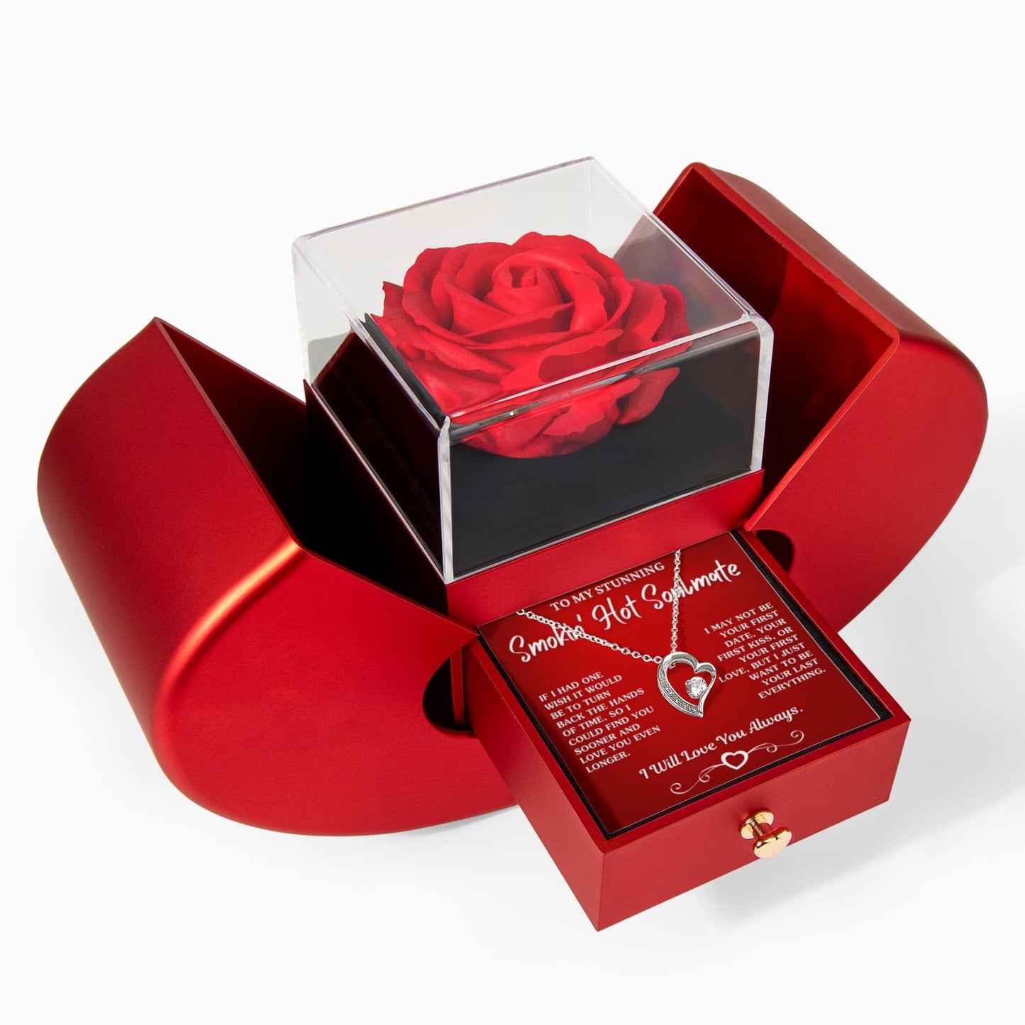 Gift For Soulmate "Your Last Everything" Necklace With Heart Box and Red Rose Surprise Jewelry 14k White Gold Finish 
