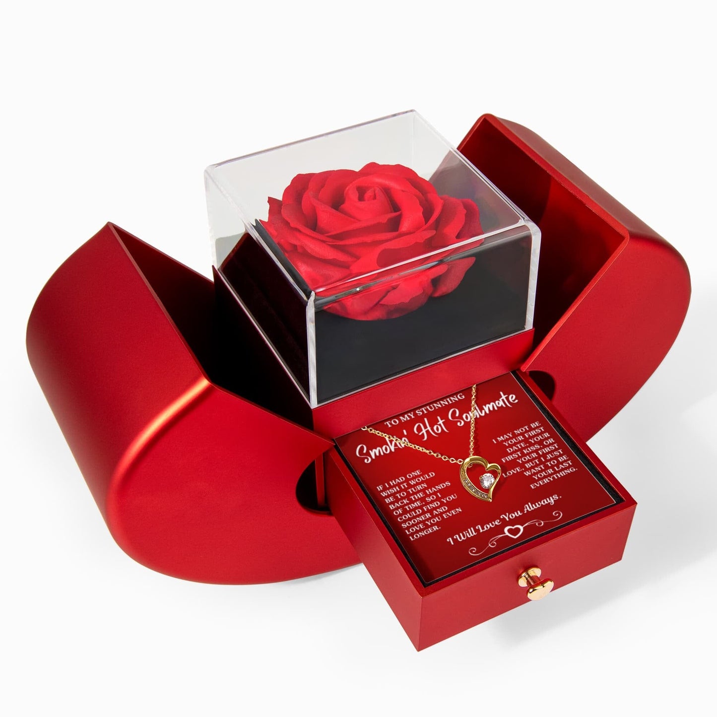Gift For Soulmate "Your Last Everything" Necklace With Heart Box and Red Rose Surprise Jewelry 18k Yellow Gold Finish 