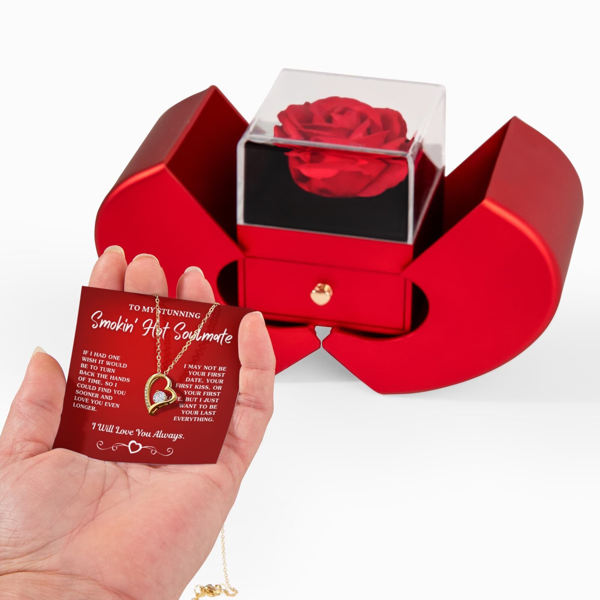 Gift For Soulmate "Your Last Everything" Necklace With Heart Box and Red Rose Surprise Jewelry 