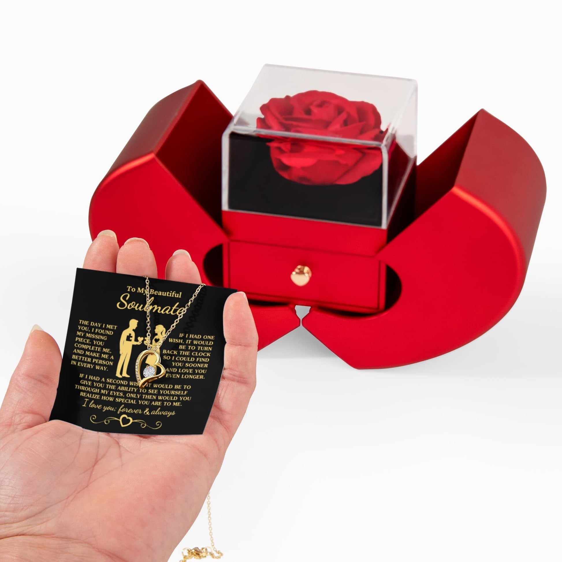 Gift for Soulmate "You Complete Me" Heart Necklace With Heart Box and Red Rose Surprise Jewelry 