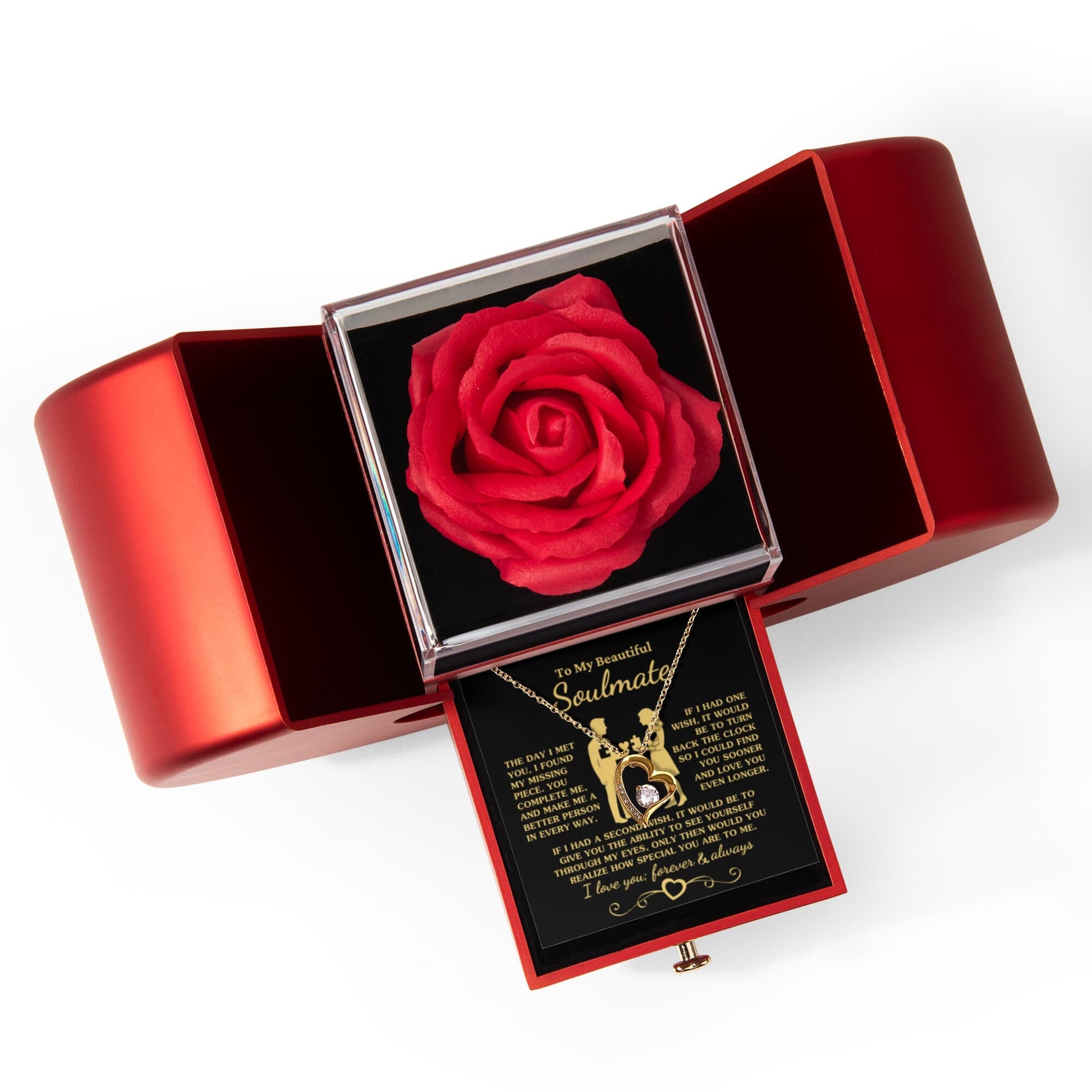 Gift for Soulmate "You Complete Me" Heart Necklace With Heart Box and Red Rose Surprise Jewelry 