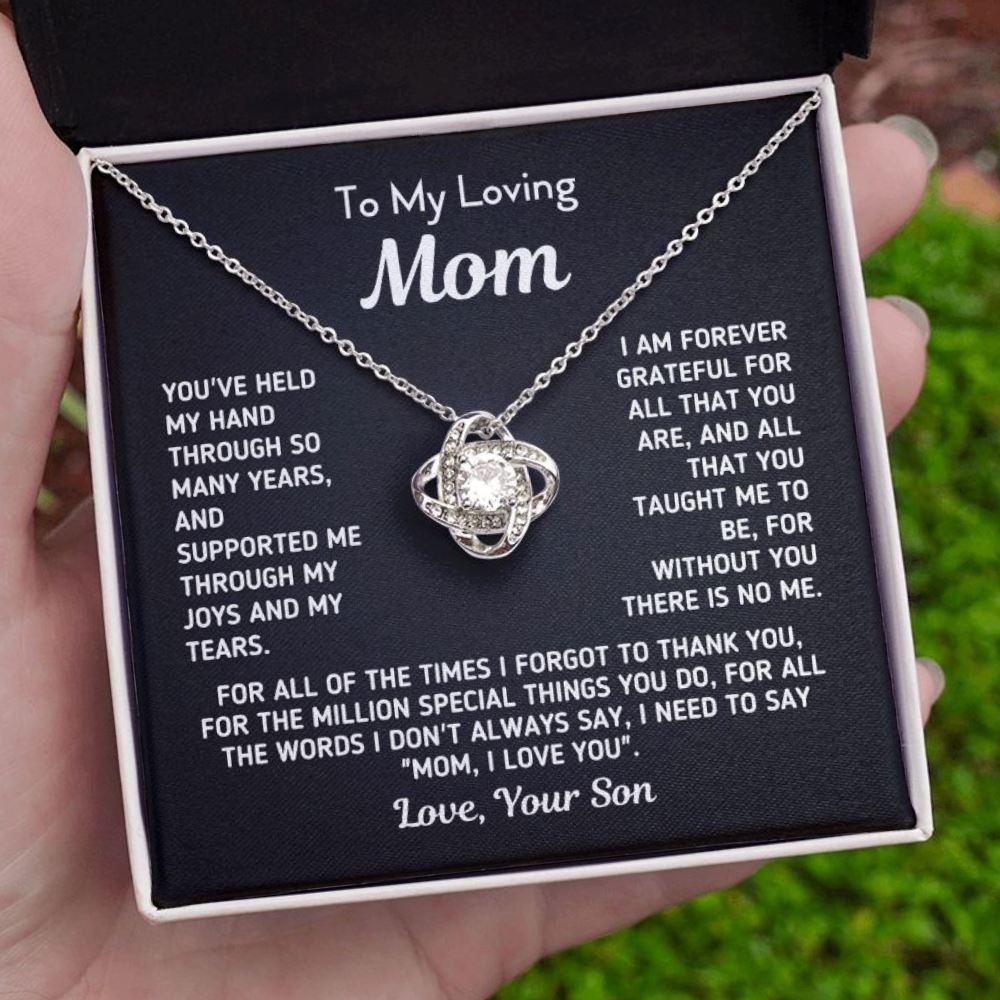 Gift for Mom From Son - "Without You There Is No Me" Knot Necklace Jewelry 14K White Gold Finish Two-Toned Gift Box 
