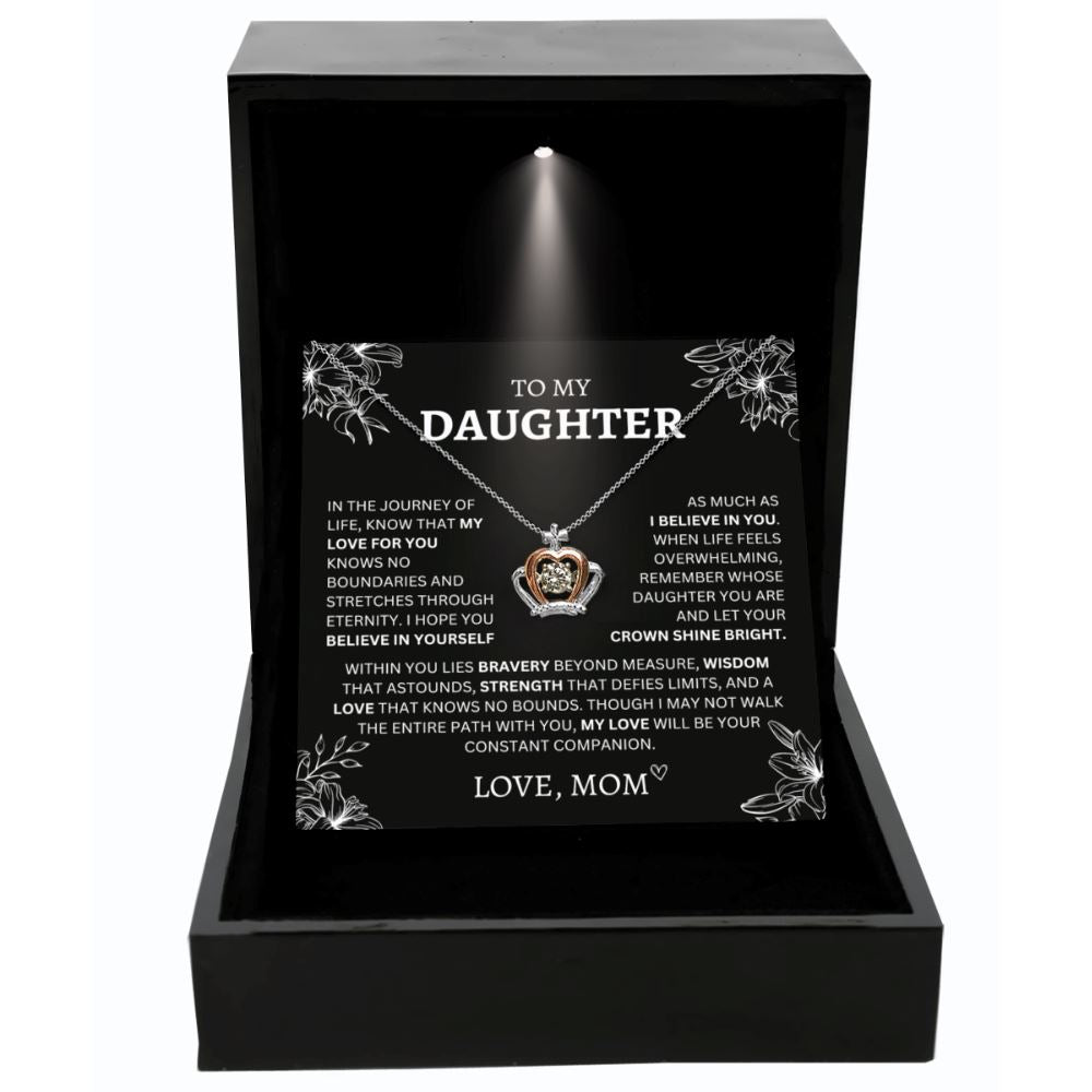 Gift for Daughter from Mom "Let Your Crown Shine Bright" Necklace Theme Precious Jewelry Crown Pendant Necklace Luxury Box (w/ LED) 