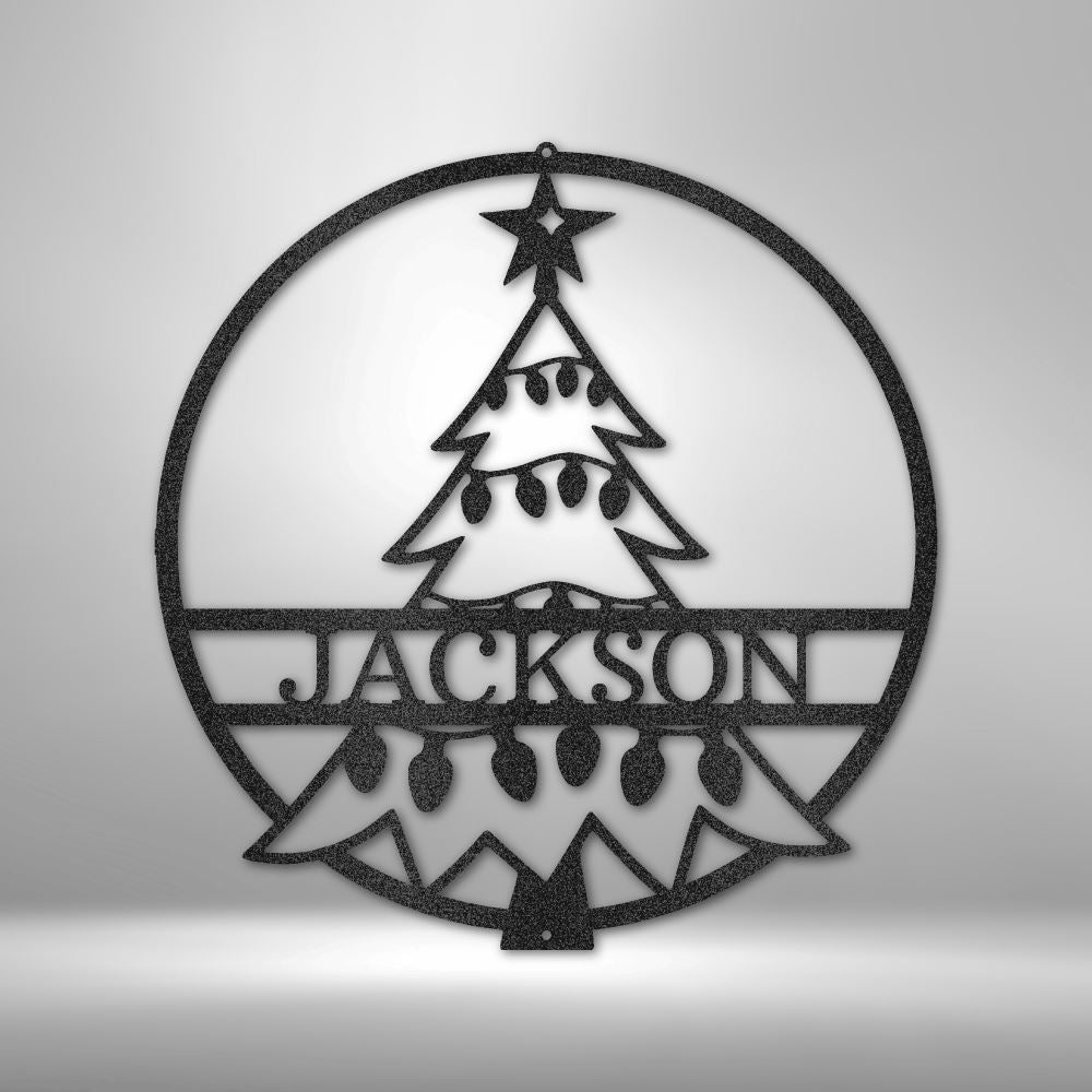 Custom Christmas Tree With Name Monogram - Steel Sign Holiday Wall Decor Custom Black 12" 