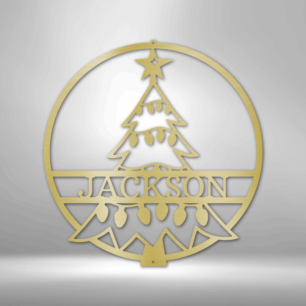 Custom Christmas Tree With Name Monogram - Steel Sign Holiday Wall Decor Custom Gold 12" 