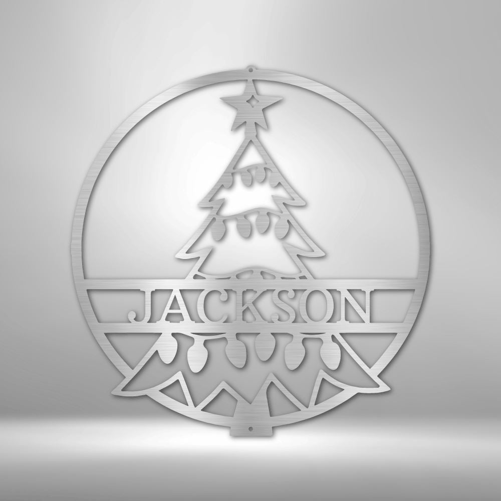 Custom Christmas Tree With Name Monogram - Steel Sign Holiday Wall Decor Custom Silver 12" 
