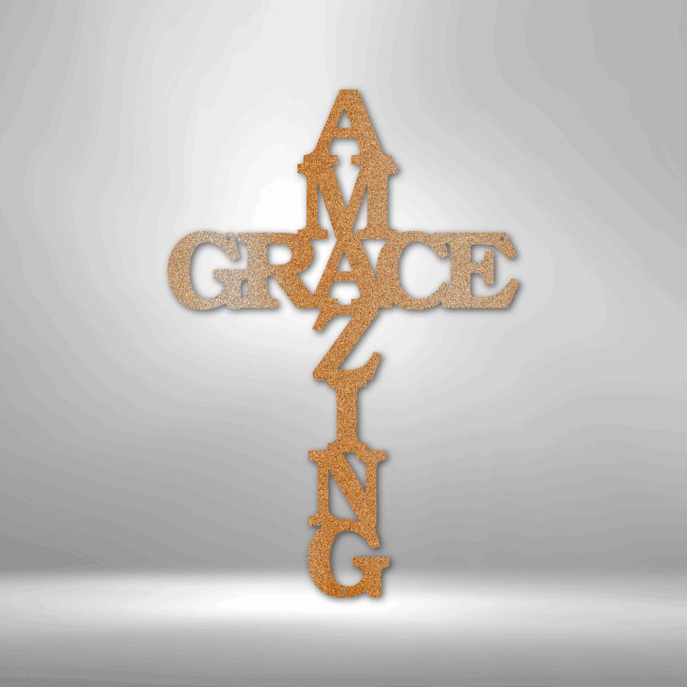 Christian Wall Decor - Amazing Grace Cross - Steel Sign Custom Copper 12" 