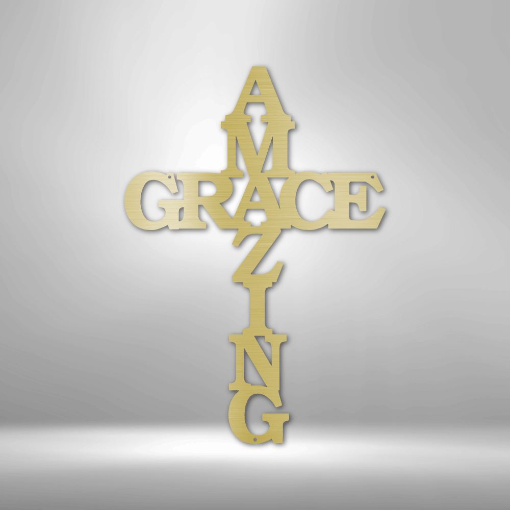 Christian Wall Decor - Amazing Grace Cross - Steel Sign Custom Gold 12" 