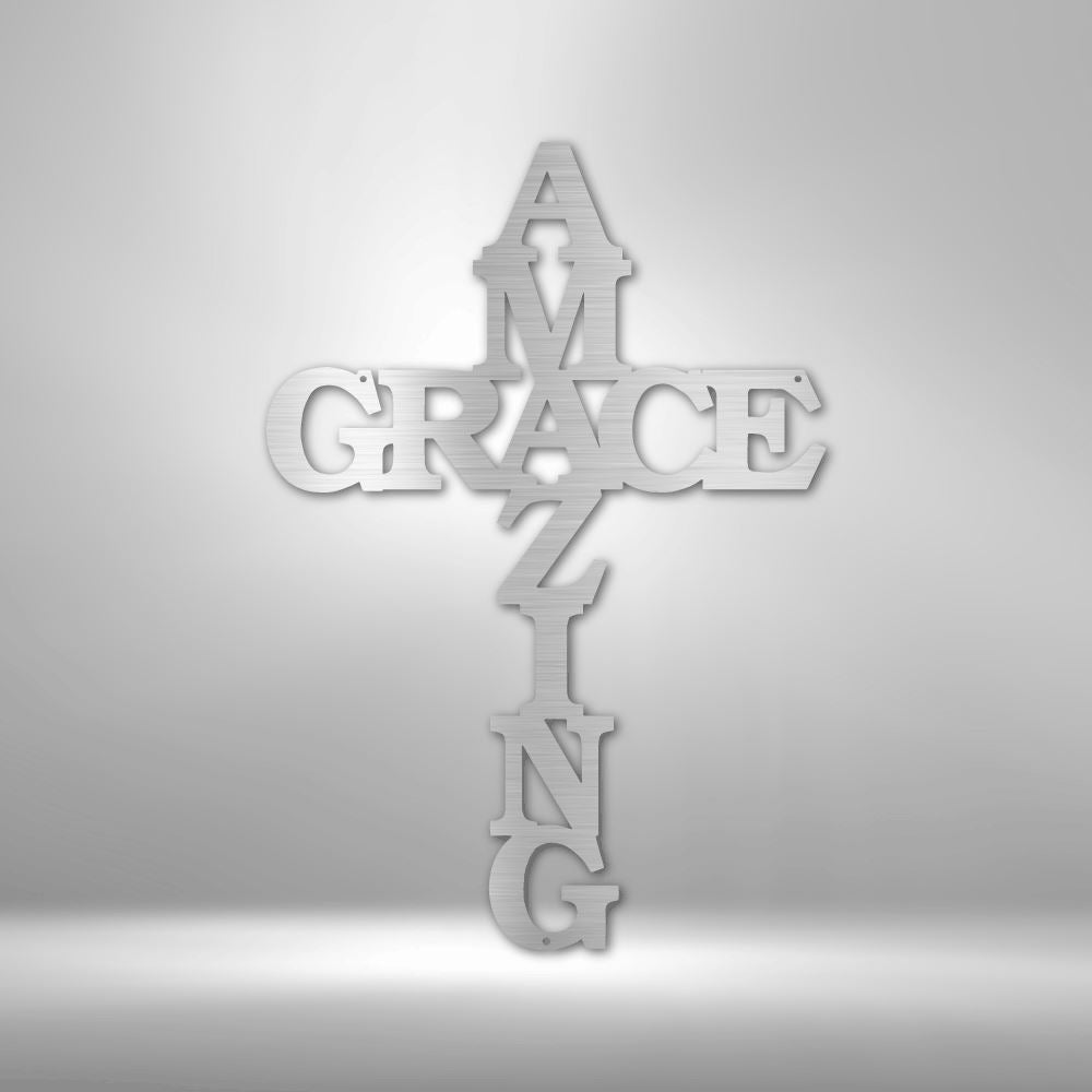 Christian Wall Decor - Amazing Grace Cross - Steel Sign Custom Silver 12" 