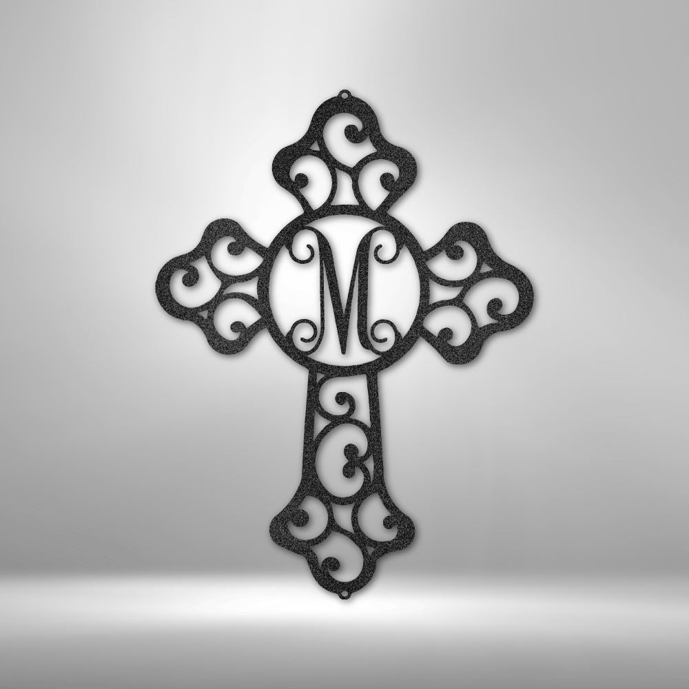 Custom Initial Cross Monogram - Steel Sign Christian Wall Decor Custom Black 12" 