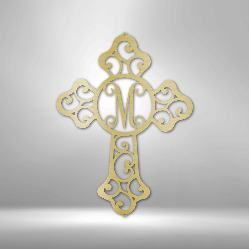 Custom Initial Cross Monogram - Steel Sign Christian Wall Decor Custom Gold 12" 