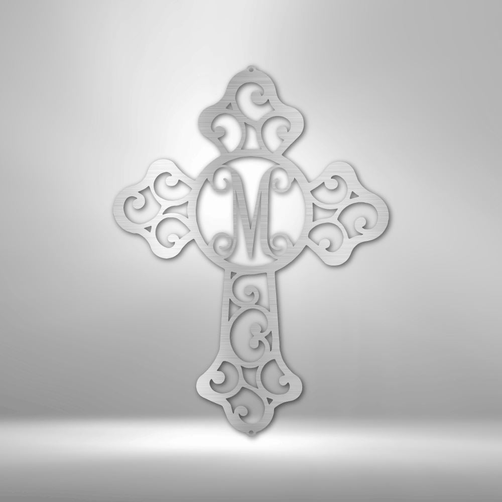Custom Initial Cross Monogram - Steel Sign Christian Wall Decor Custom Silver 12" 