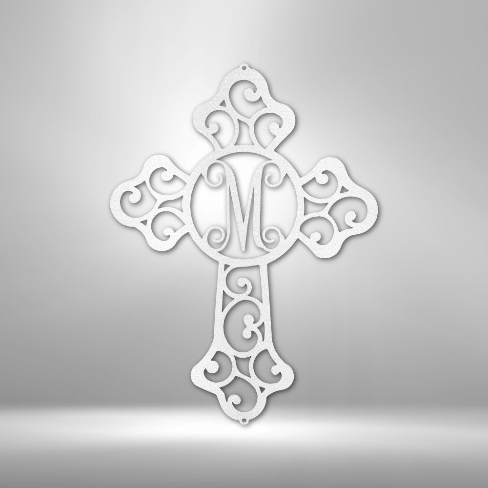 Custom Initial Cross Monogram - Steel Sign Christian Wall Decor Custom White 12" 