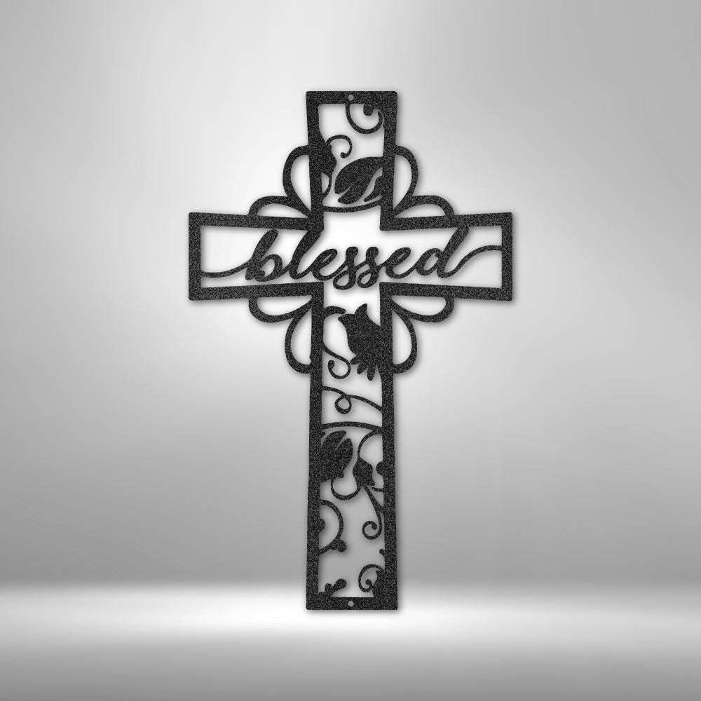 Blessed Cross - Steel Sign Christian Wall Decor Custom Black 12" 