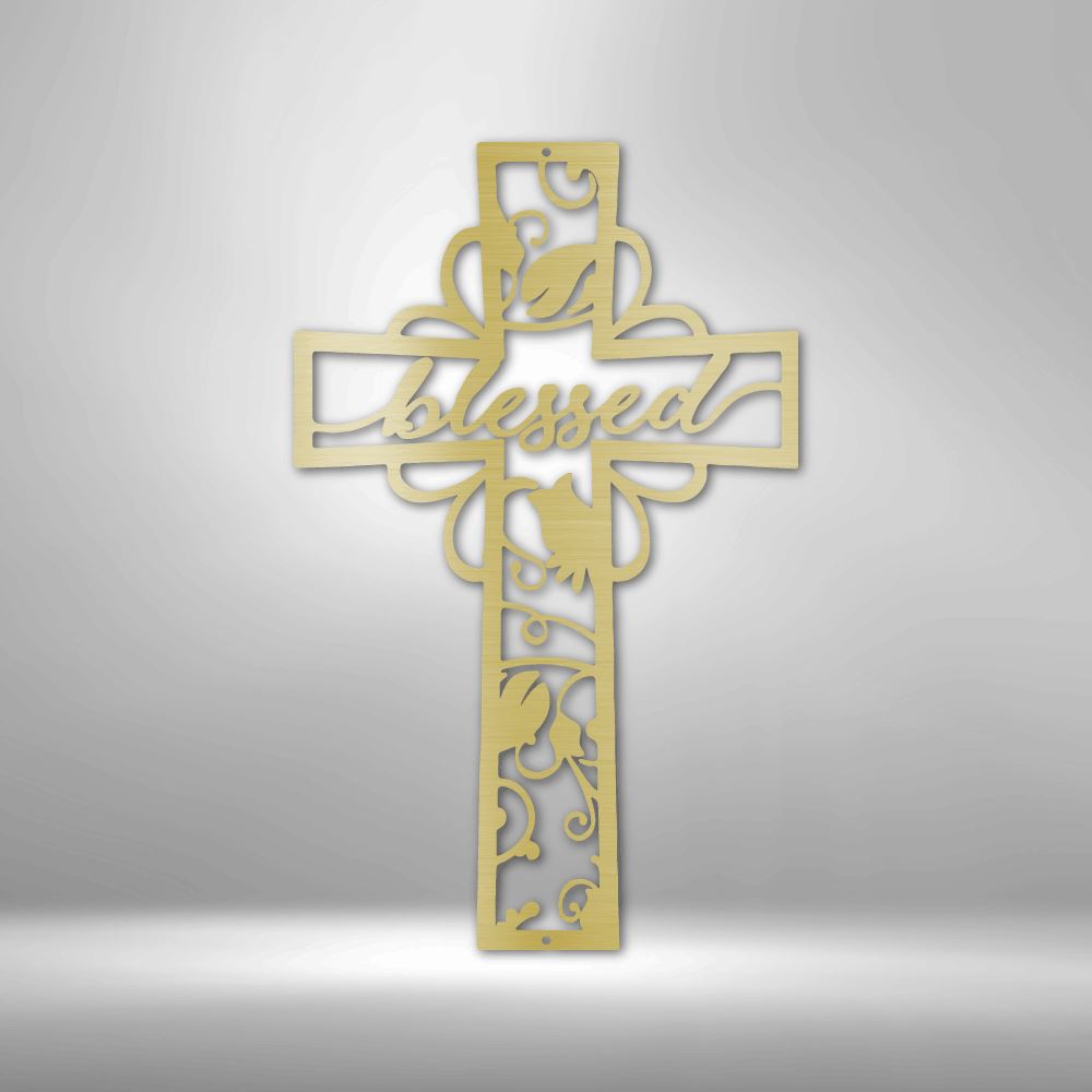 Blessed Cross - Steel Sign Christian Wall Decor Custom Gold 12" 