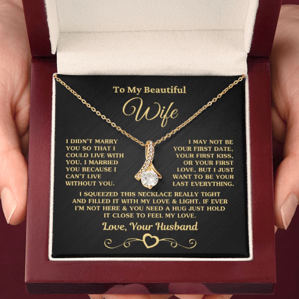 Gift for Wife "I Can't Live Without You" Gold Necklace Jewelry 18K Yellow Gold Finish Mahogany Style Luxury Box (w/LED) 