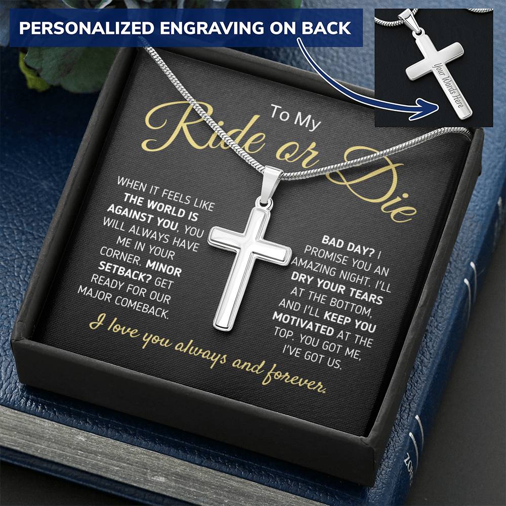 "To My Ride Or Die - You Got Me, I Got Us" Cross Necklace Jewelry Standard Box 