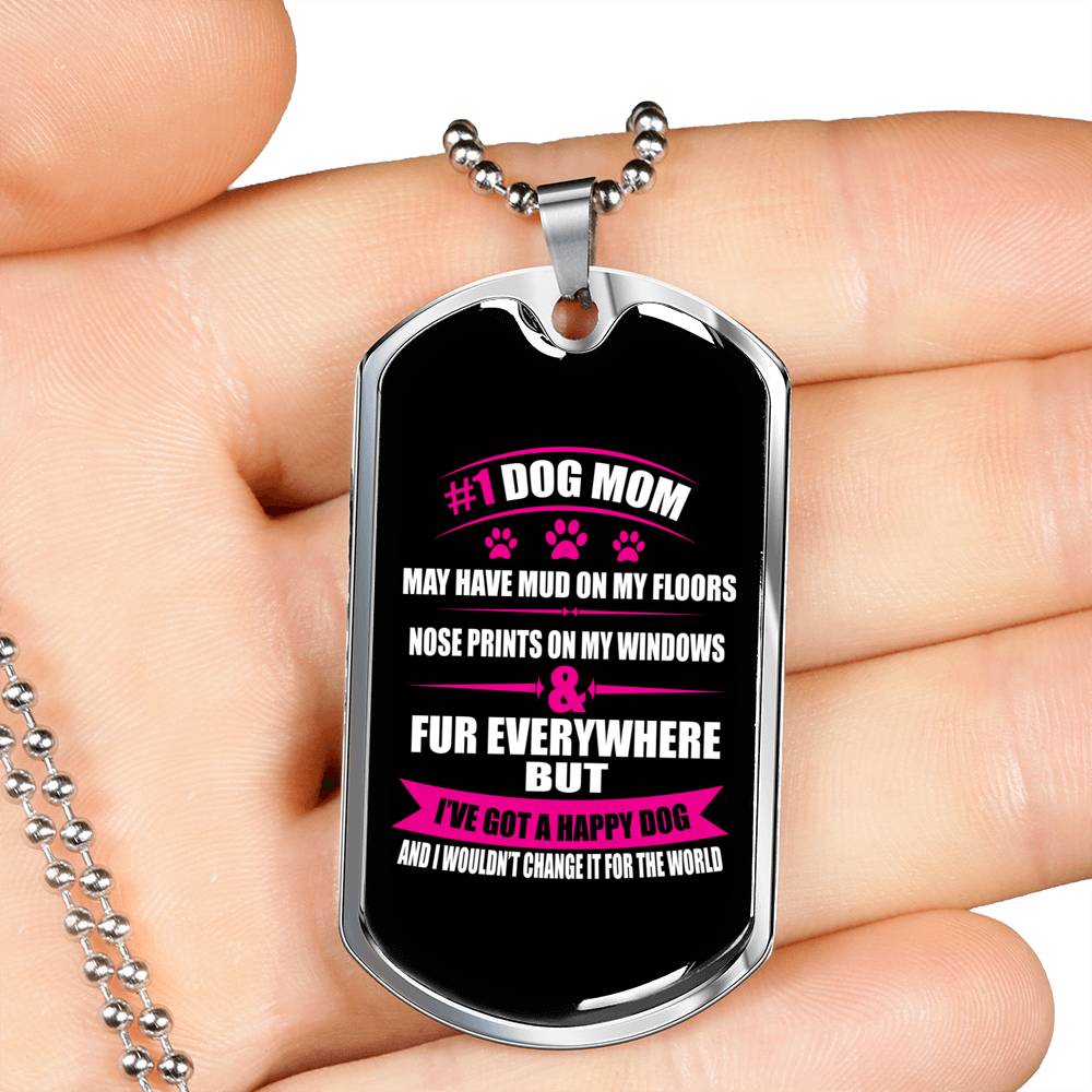 Handcrafted "Number 1 Dog Mom" Dog Lover Necklace Jewelry Military Chain (Silver) No 