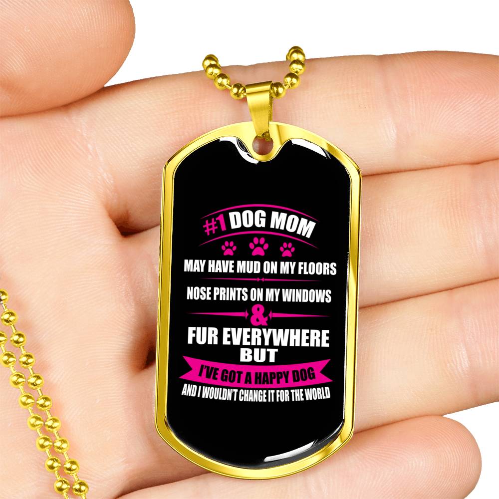 Handcrafted "Number 1 Dog Mom" Dog Lover Necklace Jewelry Military Chain (Gold) No 