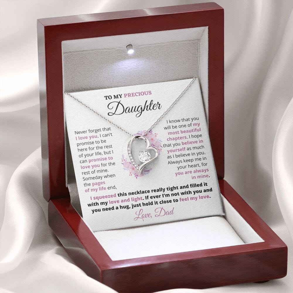 Gift For Precious Daughter "Always Keep Me In Your Heart" Love Dad Heart Necklace Jewelry 14k White Gold Finish Mahogany Style Luxury Box (w/LED) 