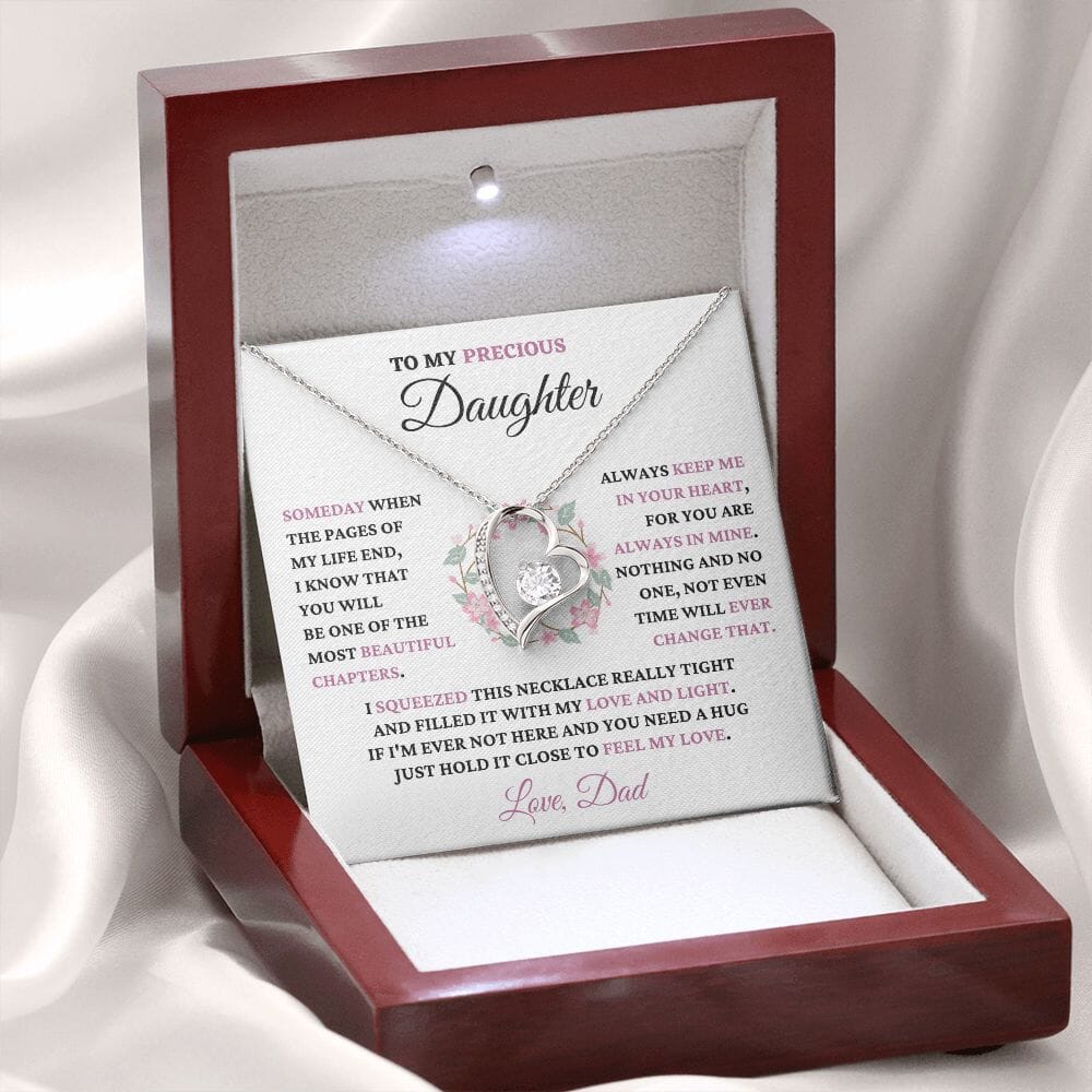 Gift For Precious Daughter Love Dad "Always Keep Me In Your Heart" Heart Necklace Jewelry 14k White Gold Finish Mahogany Style Luxury Box (w/LED) 