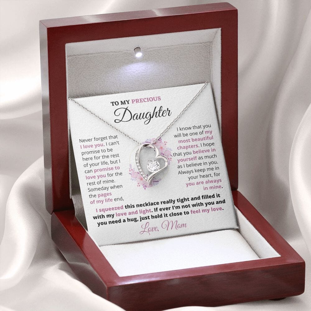 Gift For Precious Daughter "Always Keep Me In Your Heart" Love Mom Heart Necklace Jewelry 14k White Gold Finish Mahogany Style Luxury Box (w/LED) 