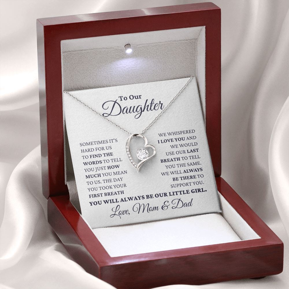 Gift for Daughter Love Mom and Dad "Our Little Girl" Necklace Jewelry 14k White Gold Finish Mahogany Style Luxury Box (w/LED) 