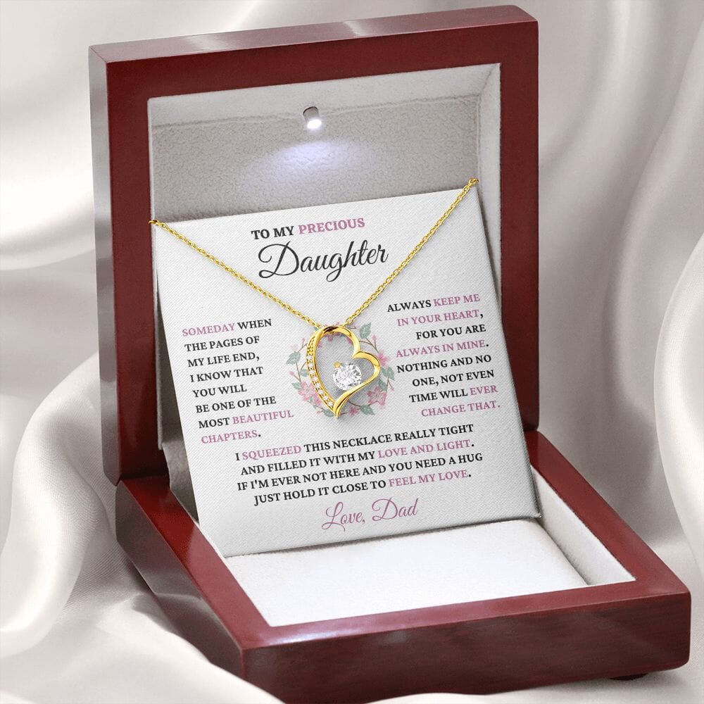 Gift For Precious Daughter Love Dad "Always Keep Me In Your Heart" Heart Necklace Jewelry 18k Yellow Gold Finish Mahogany Style Luxury Box (w/LED) 
