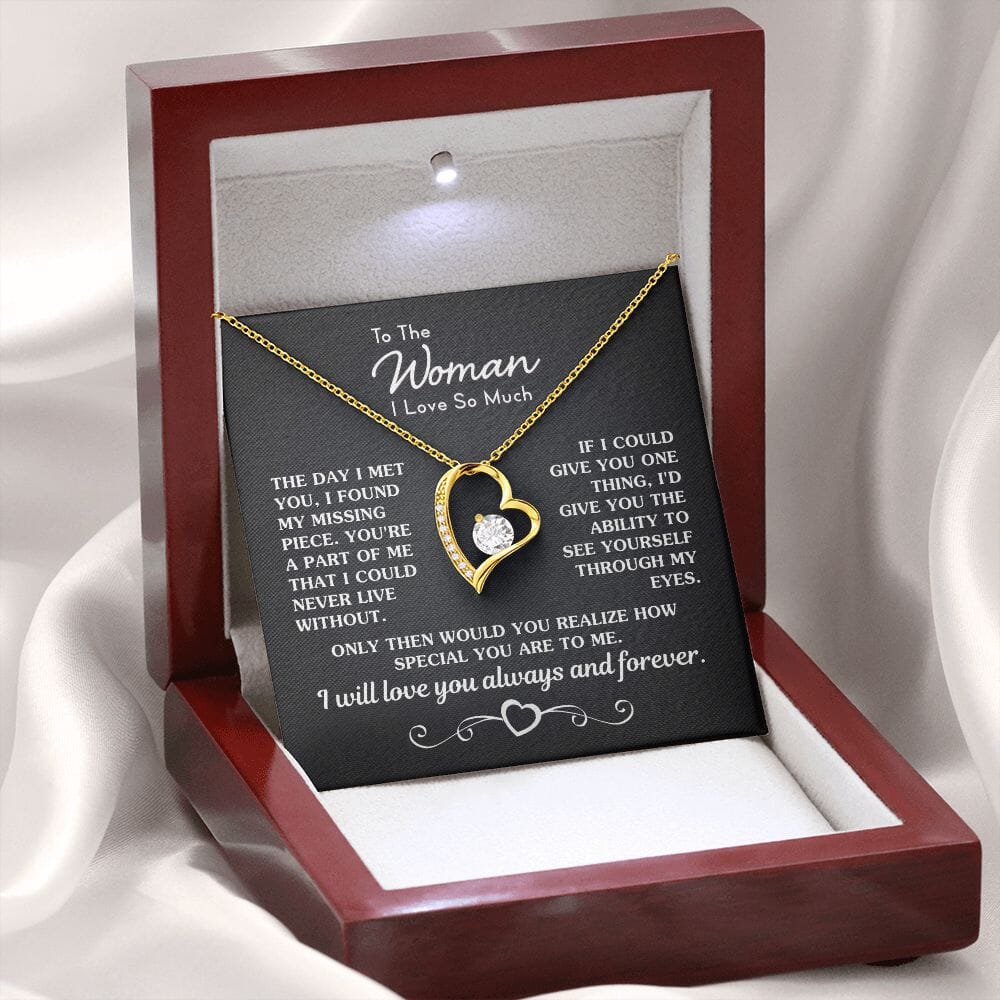 To The Woman I Love "My Missing Piece" Necklace Jewelry 18k Yellow Gold Finish Mahogany Style Luxury Box (w/LED) 