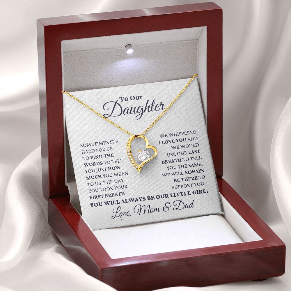 Gift for Daughter Love Mom and Dad "Our Little Girl" Necklace Jewelry 18k Yellow Gold Finish Mahogany Style Luxury Box (w/LED) 