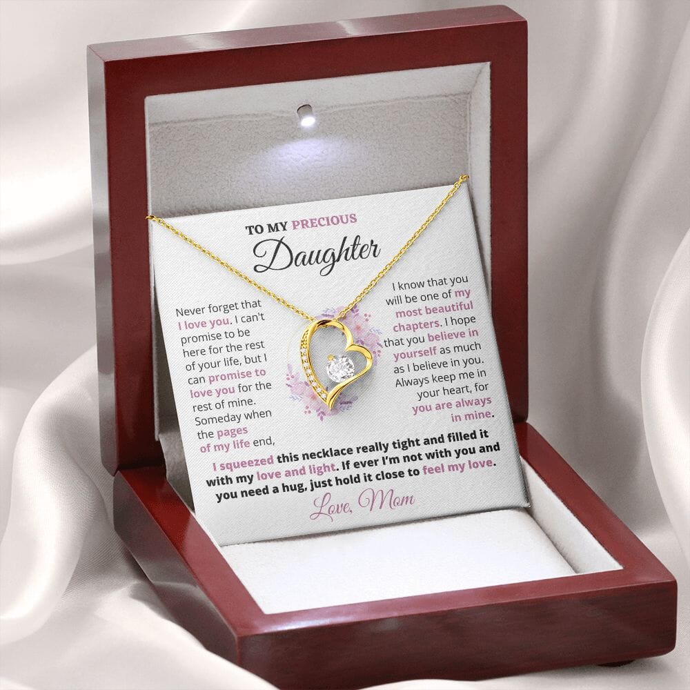 Gift For Precious Daughter "Always Keep Me In Your Heart" Love Mom Heart Necklace Jewelry 18k Yellow Gold Finish Mahogany Style Luxury Box (w/LED) 